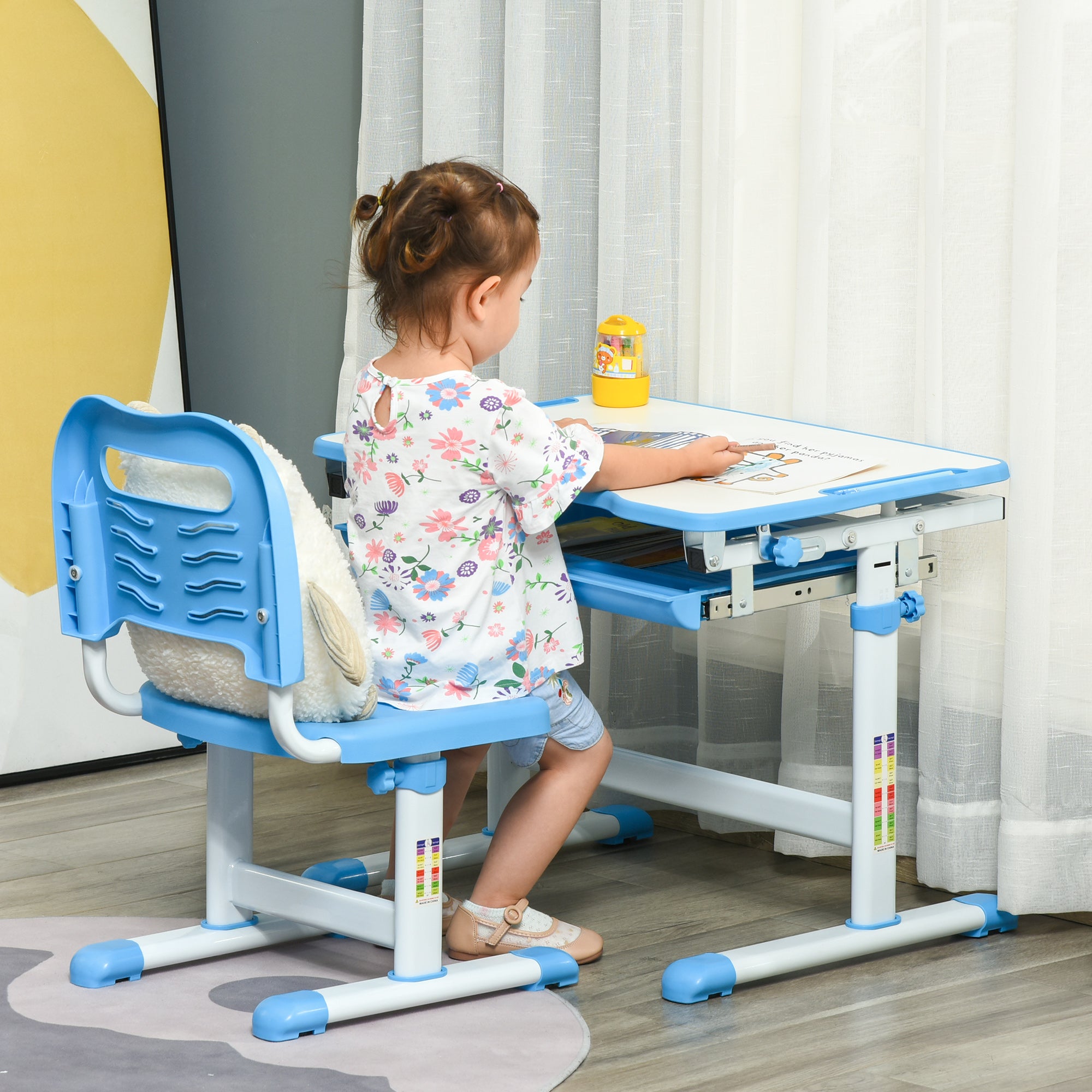 HOMCOM Kids Desk and Chair Set, Height Adjustable Student Writing Desk, Children School Study Table with Tiltable Desktop, Drawer, Pen Slot, Hook - Blue 