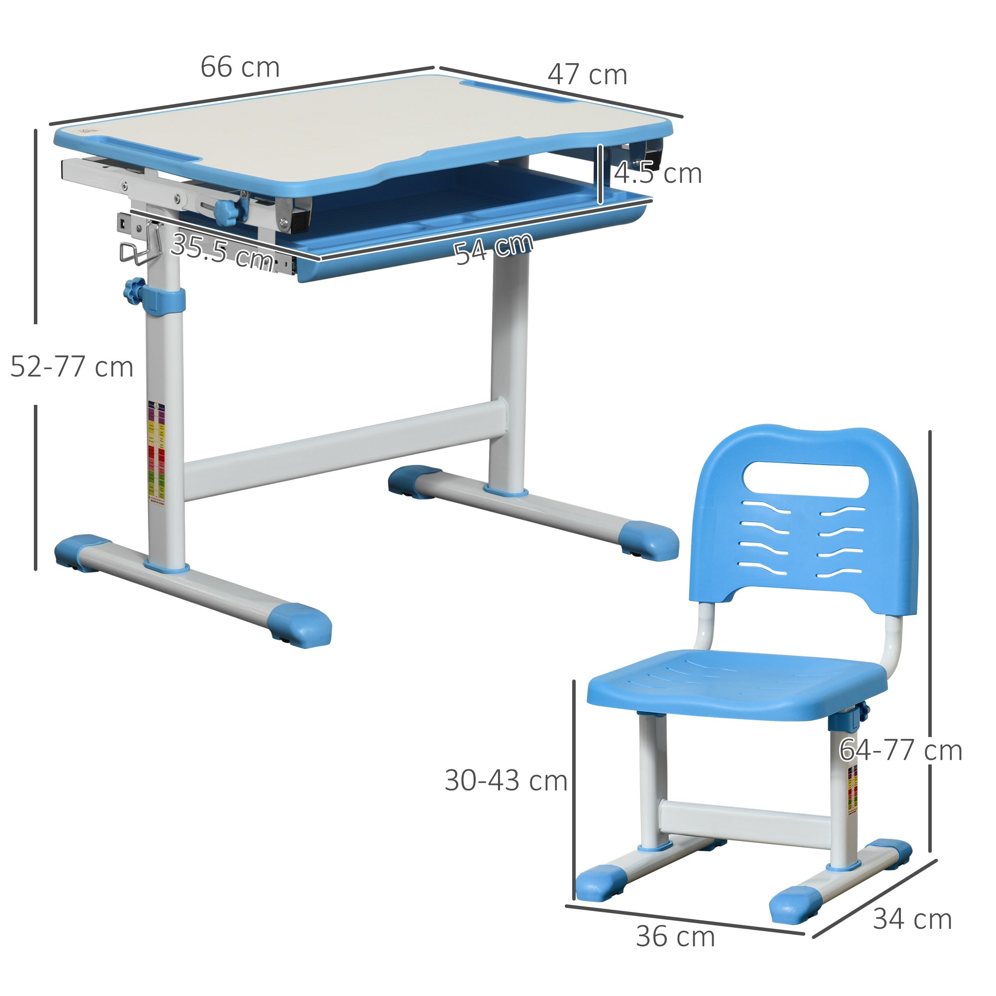 HOMCOM Kids Desk and Chair Set, Height Adjustable Student Writing Desk, Children School Study Table with Tiltable Desktop, Drawer, Pen Slot, Hook - Blue 