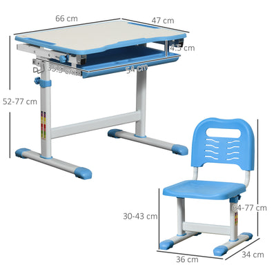 HOMCOM Kids Desk and Chair Set, Height Adjustable Student Writing Desk, Children School Study Table with Tiltable Desktop, Drawer, Pen Slot, Hook - Blue 