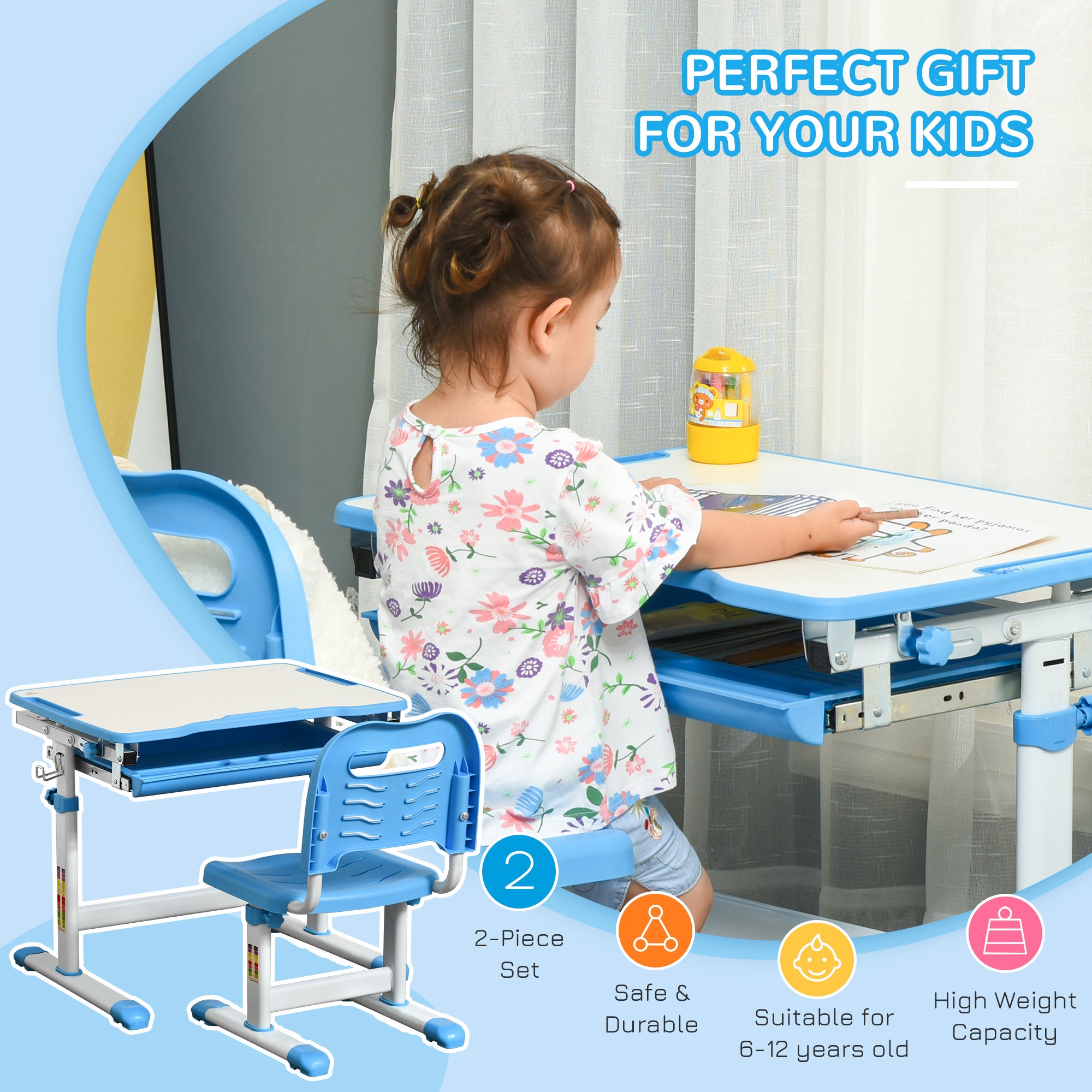 HOMCOM Kids Desk and Chair Set, Height Adjustable Student Writing Desk, Children School Study Table with Tiltable Desktop, Drawer, Pen Slot, Hook - Blue 