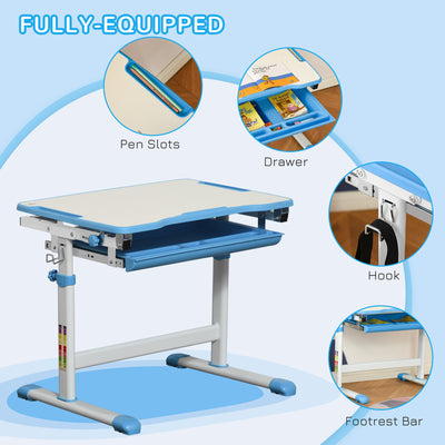 HOMCOM Kids Desk and Chair Set, Height Adjustable Student Writing Desk, Children School Study Table with Tiltable Desktop, Drawer, Pen Slot, Hook - Blue 