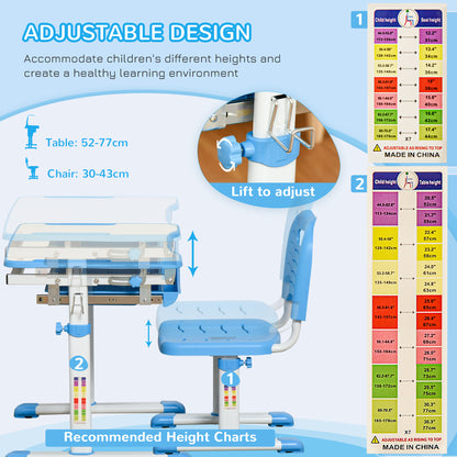 HOMCOM Kids Desk and Chair Set, Height Adjustable Student Writing Desk, Children School Study Table with Tiltable Desktop, Drawer, Pen Slot, Hook - Blue 