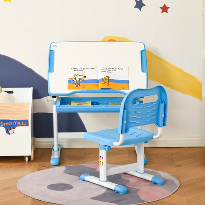 HOMCOM Kids Desk and Chair Set, Height Adjustable Student Writing Desk, Children School Study Table with Tiltable Desktop, Drawer, Pen Slot, Hook - Blue 