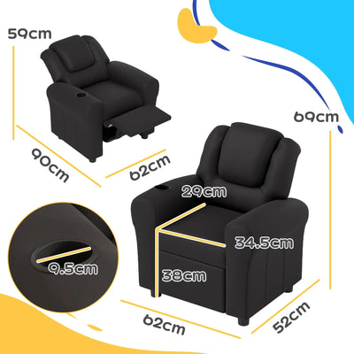HOMCOM Kids Recliner Chair, PU Leather with Adjustable Backrest, Footrest, Padded Headrest, Black 