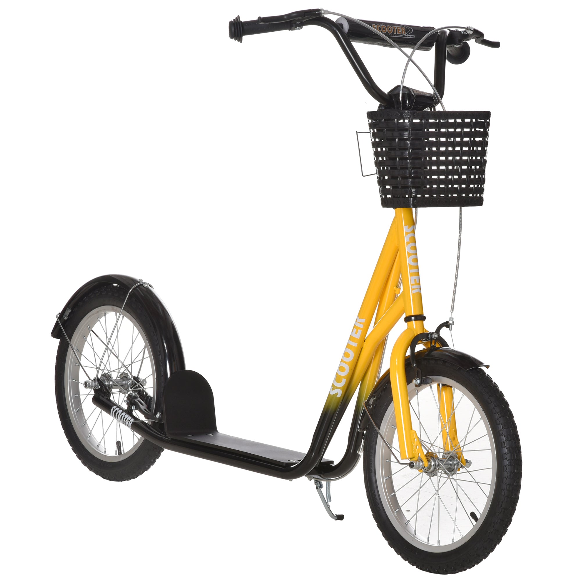 HOMCOM Kids Scooter, Kick Stunt Scooter with Adjustable Handlebar, Dual Brakes, Basket, Cupholder, Mudguard, 16" Inflatable Rubber Wheels, for 5-12 years, Orange 