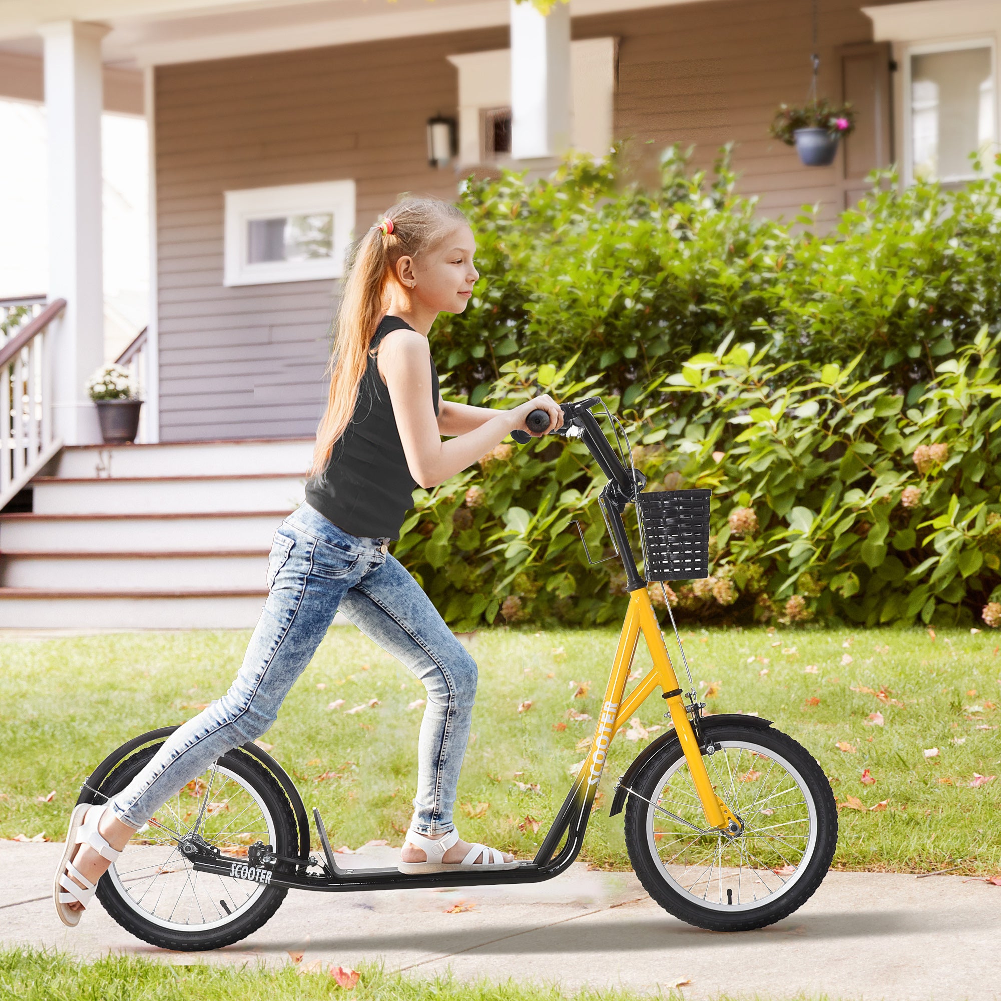 HOMCOM Kids Scooter, Kick Stunt Scooter with Adjustable Handlebar, Dual Brakes, Basket, Cupholder, Mudguard, 16" Inflatable Rubber Wheels, for 5-12 years, Orange 