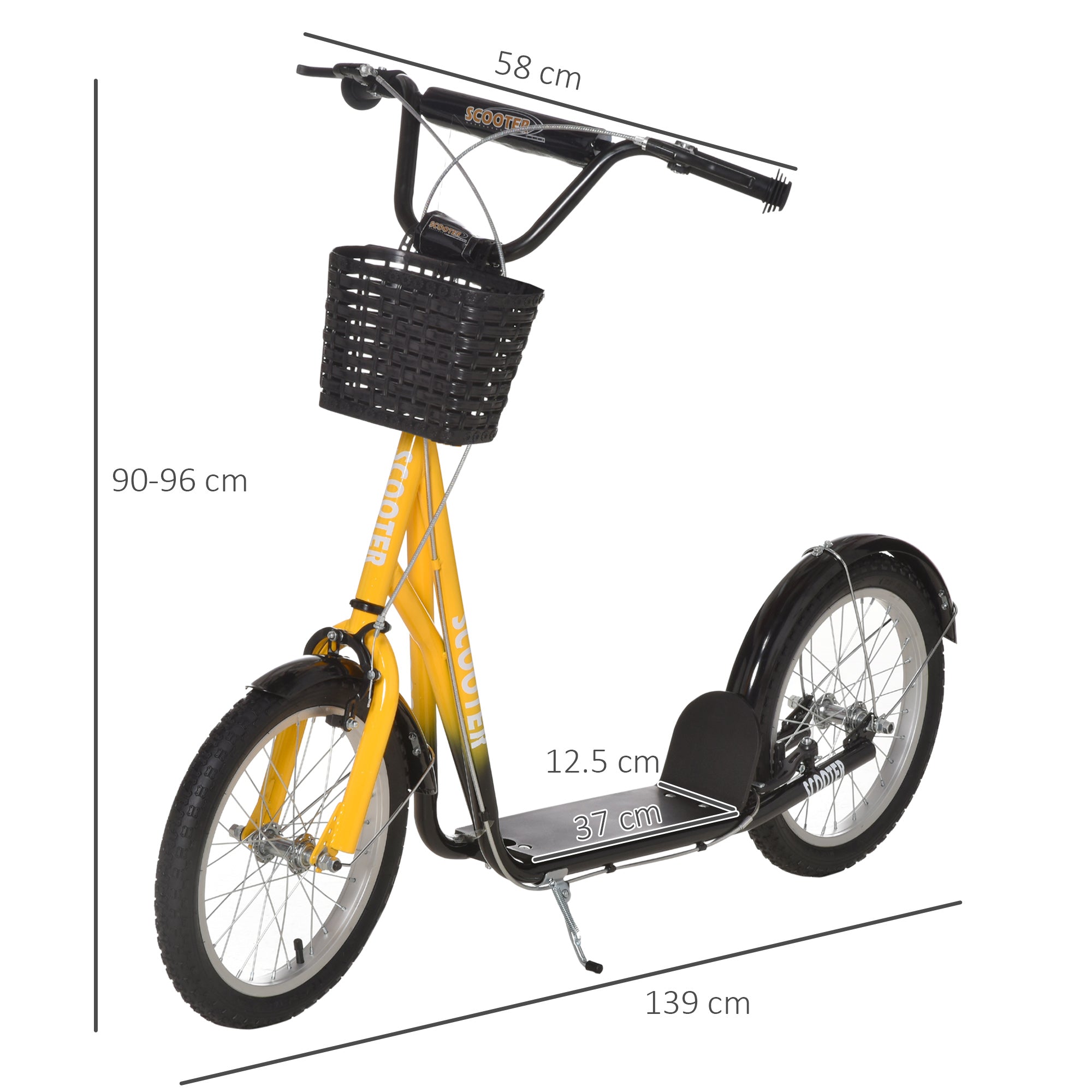 HOMCOM Kids Scooter, Kick Stunt Scooter with Adjustable Handlebar, Dual Brakes, Basket, Cupholder, Mudguard, 16" Inflatable Rubber Wheels, for 5-12 years, Orange 