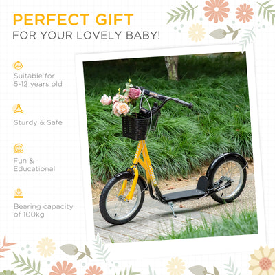 HOMCOM Kids Scooter, Kick Stunt Scooter with Adjustable Handlebar, Dual Brakes, Basket, Cupholder, Mudguard, 16" Inflatable Rubber Wheels, for 5-12 years, Orange 