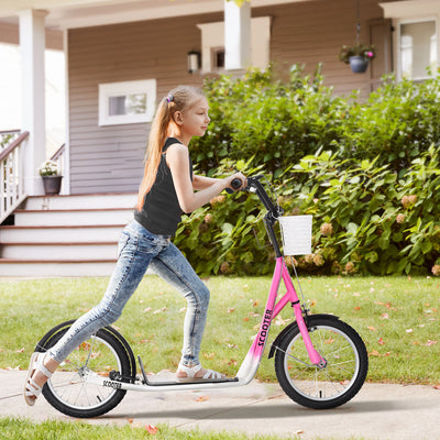 HOMCOM Kids Scooter, Kick Stunt Scooter with Adjustable Handlebar, Dual Brakes, Basket, Cupholder, Mudguard, 16" Inflatable Rubber Wheels, for 5-12 years, Pink 