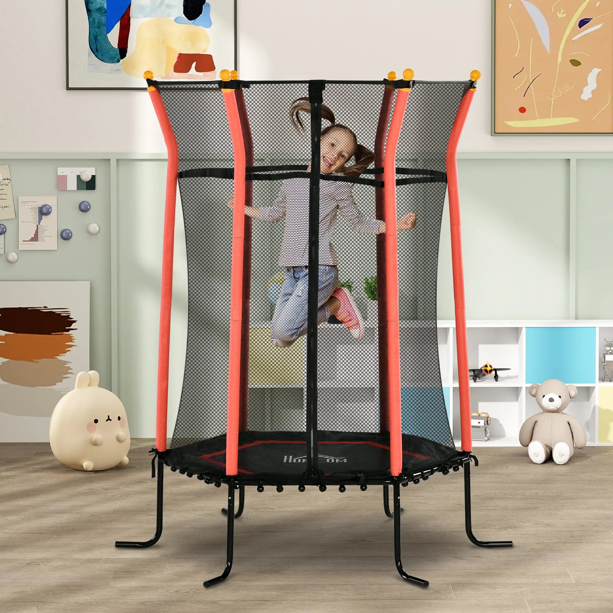 HOMCOM Kids Trampoline Mini Bouncer with Enclosure Safety Net For Ages 3-10 Years - Red 