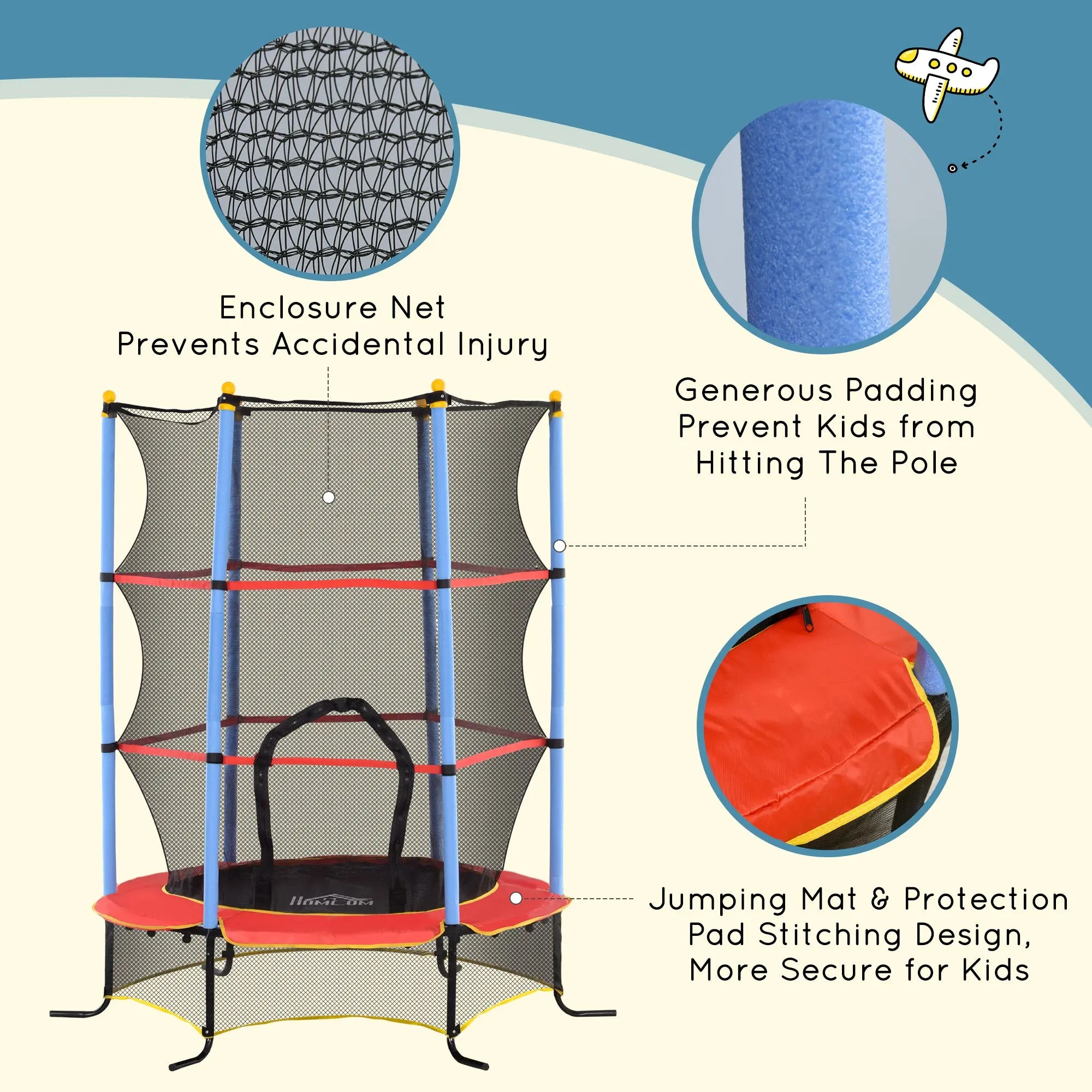 HOMCOM Kids Trampoline, with Safety Net, for Ages 3-10 Years 