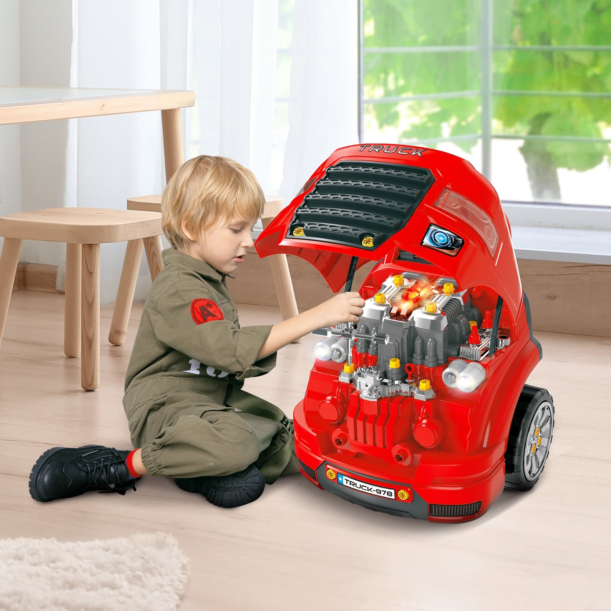HOMCOM Kids Truck Engine Toy Set, Toddler Educational Car Service Station Playset, Take Apart Workshop, w/ RC Car Key, Steering wheel, Horn, Light, for 3-5 Years Old Red 