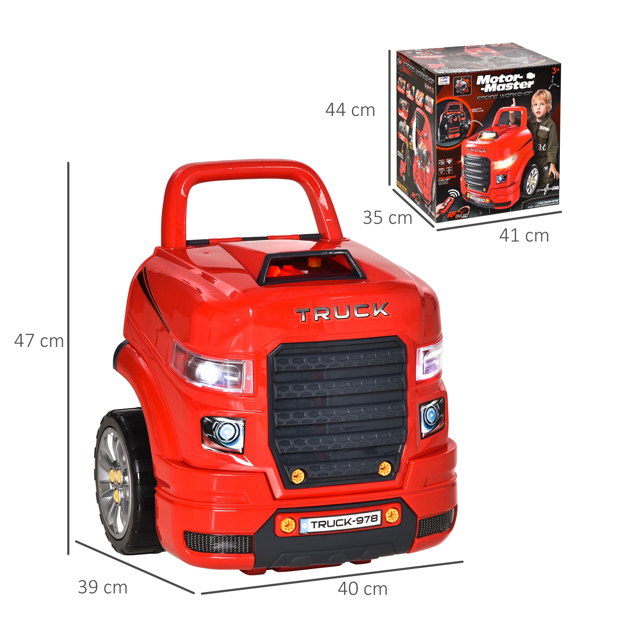 HOMCOM Kids Truck Engine Toy Set, Toddler Educational Car Service Station Playset, Take Apart Workshop, w/ RC Car Key, Steering wheel, Horn, Light, for 3-5 Years Old Red 