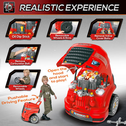 HOMCOM Kids Truck Engine Toy Set, Toddler Educational Car Service Station Playset, Take Apart Workshop, w/ RC Car Key, Steering wheel, Horn, Light, for 3-5 Years Old Red 