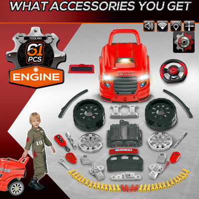HOMCOM Kids Truck Engine Toy Set, Toddler Educational Car Service Station Playset, Take Apart Workshop, w/ RC Car Key, Steering wheel, Horn, Light, for 3-5 Years Old Red 