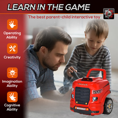 HOMCOM Kids Truck Engine Toy Set, Toddler Educational Car Service Station Playset, Take Apart Workshop, w/ RC Car Key, Steering wheel, Horn, Light, for 3-5 Years Old Red 