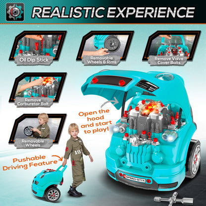 HOMCOM Kids Truck Engine Toy Set, with Horn, Light, Car Key, for Ages 3-5 Years - Teal 
