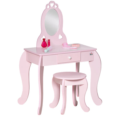 HOMCOM Kids Vanity Table & Stool Girls Dressing Set Make Up Desk Chair Dresser Play Set with Mirror Pink 