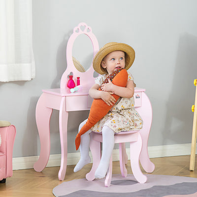 HOMCOM Kids Vanity Table & Stool Girls Dressing Set Make Up Desk Chair Dresser Play Set with Mirror Pink 