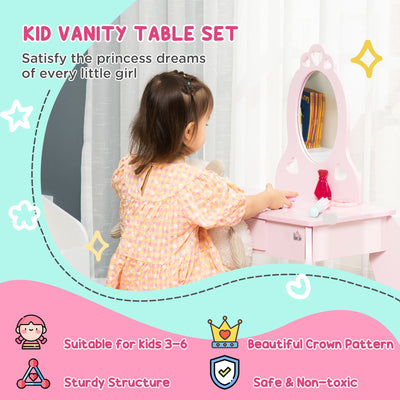 HOMCOM Kids Vanity Table & Stool Girls Dressing Set Make Up Desk Chair Dresser Play Set with Mirror Pink 