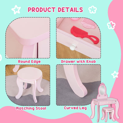 HOMCOM Kids Vanity Table & Stool Girls Dressing Set Make Up Desk Chair Dresser Play Set with Mirror Pink 