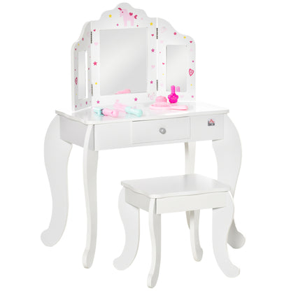 HOMCOM Kids Vanity Table & Stool Girls Dressing Set Make Up Desk Chair Dresser Play Set with Rotatable Mirrors Drawer Star & Heart Pattern White 