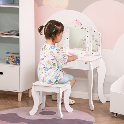 HOMCOM Kids Vanity Table & Stool Girls Dressing Set Make Up Desk Chair Dresser Play Set with Rotatable Mirrors Drawer Star & Heart Pattern White 