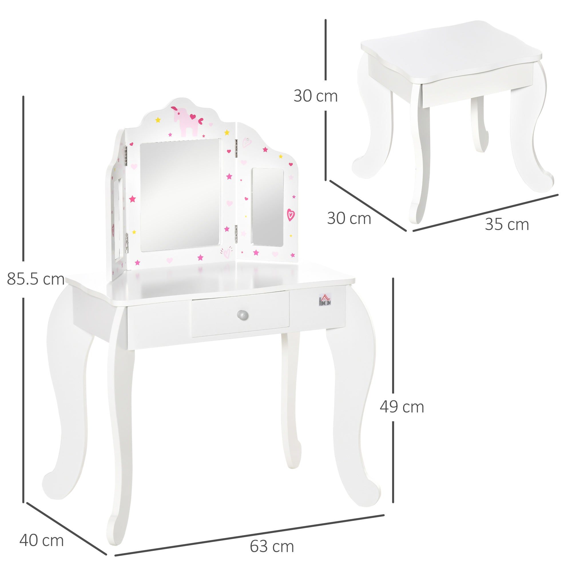 HOMCOM Kids Vanity Table & Stool Girls Dressing Set Make Up Desk Chair Dresser Play Set with Rotatable Mirrors Drawer Star & Heart Pattern White 