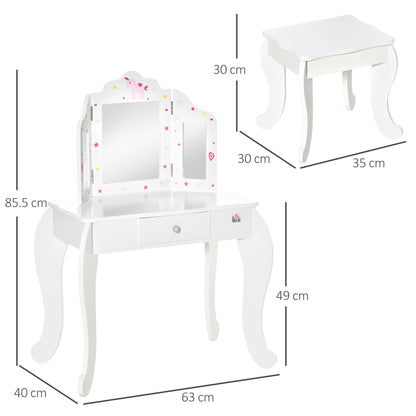HOMCOM Kids Vanity Table & Stool Girls Dressing Set Make Up Desk Chair Dresser Play Set with Rotatable Mirrors Drawer Star & Heart Pattern White 