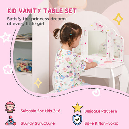 HOMCOM Kids Vanity Table & Stool Girls Dressing Set Make Up Desk Chair Dresser Play Set with Rotatable Mirrors Drawer Star & Heart Pattern White 