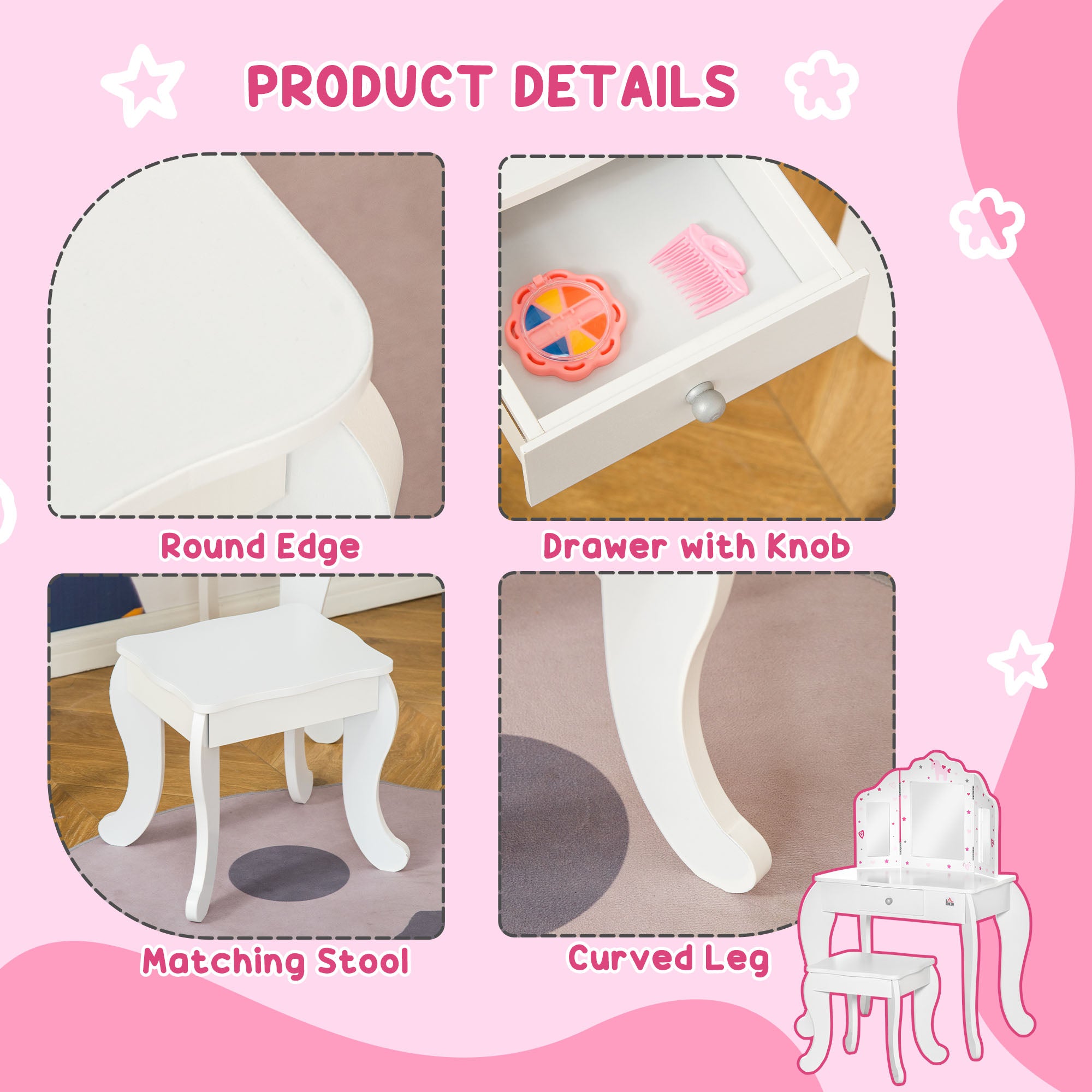 HOMCOM Kids Vanity Table & Stool Girls Dressing Set Make Up Desk Chair Dresser Play Set with Rotatable Mirrors Drawer Star & Heart Pattern White 