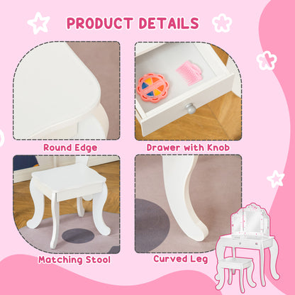 HOMCOM Kids Vanity Table & Stool Girls Dressing Set Make Up Desk Chair Dresser Play Set with Rotatable Mirrors Drawer Star & Heart Pattern White 