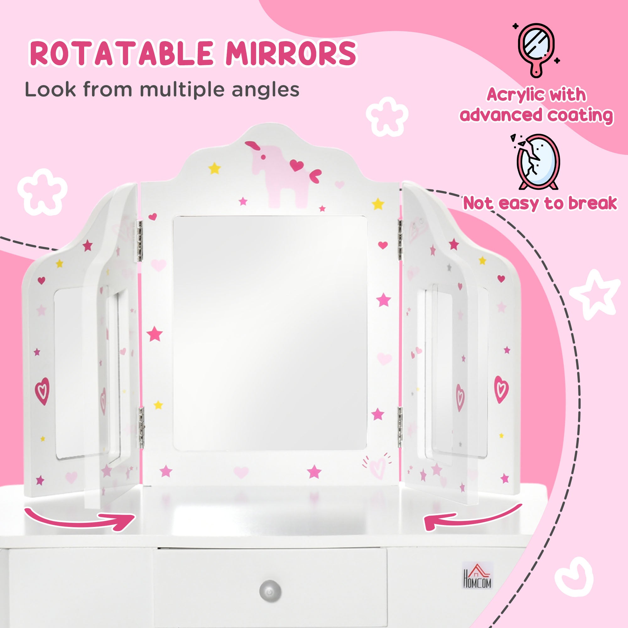HOMCOM Kids Vanity Table & Stool Girls Dressing Set Make Up Desk Chair Dresser Play Set with Rotatable Mirrors Drawer Star & Heart Pattern White 
