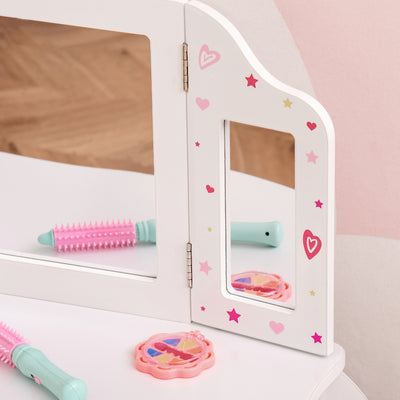 HOMCOM Kids Vanity Table & Stool Girls Dressing Set Make Up Desk Chair Dresser Play Set with Rotatable Mirrors Drawer Star & Heart Pattern White 