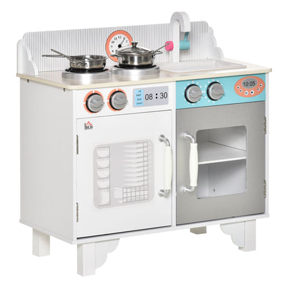 HOMCOM Kids Wooden Play Kitchen Toy Cooking Set Pretend Role Playset, with, Cooking Bench, Stainless Steel Pot for 3-6 Years 