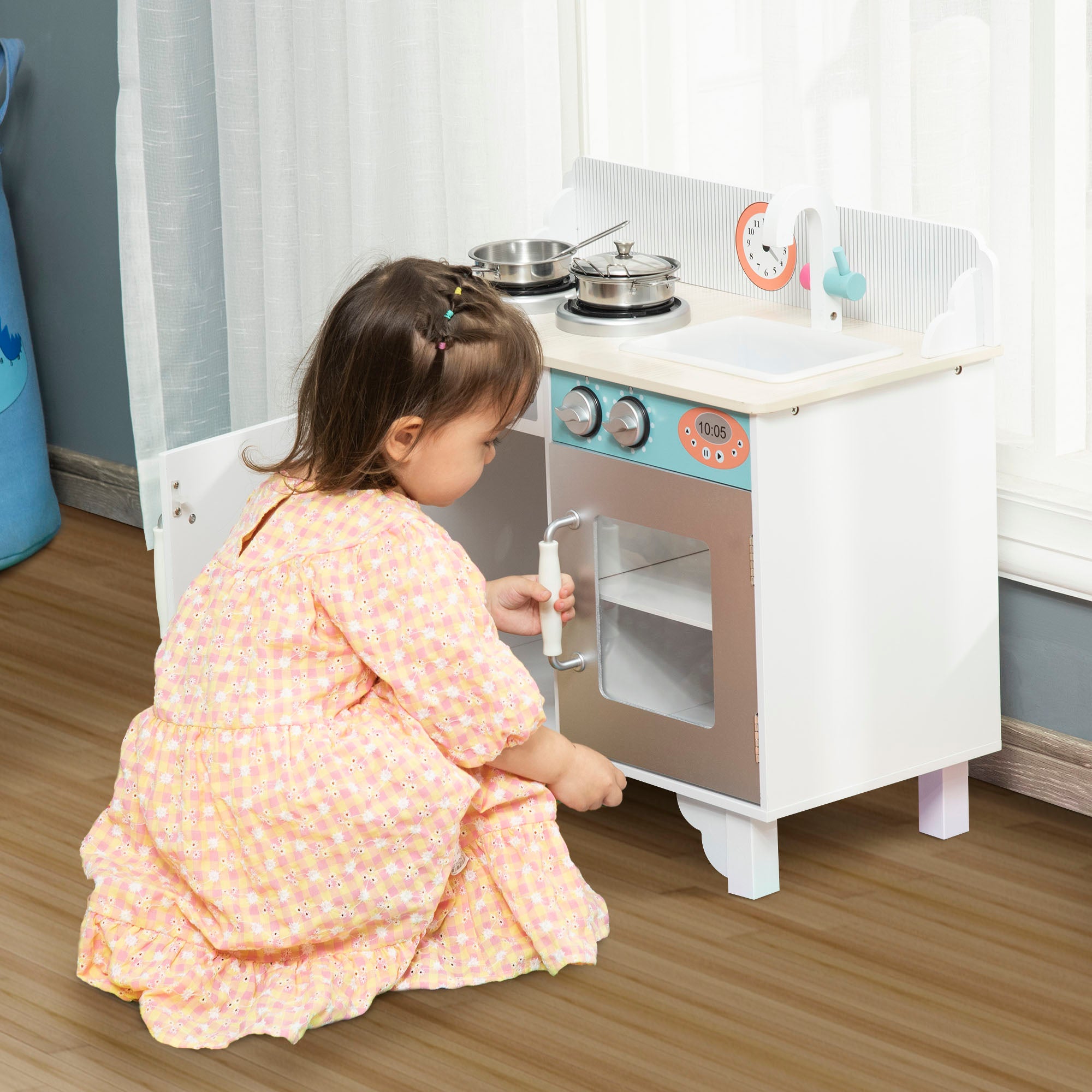 HOMCOM Kids Wooden Play Kitchen Toy Cooking Set Pretend Role Playset, with, Cooking Bench, Stainless Steel Pot for 3-6 Years 