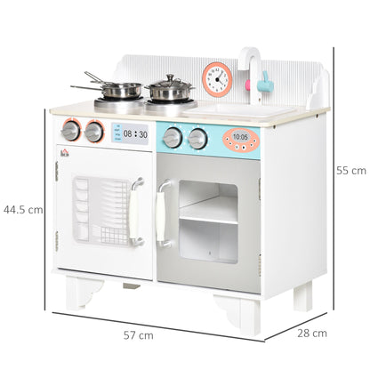 HOMCOM Kids Wooden Play Kitchen Toy Cooking Set Pretend Role Playset, with, Cooking Bench, Stainless Steel Pot for 3-6 Years 