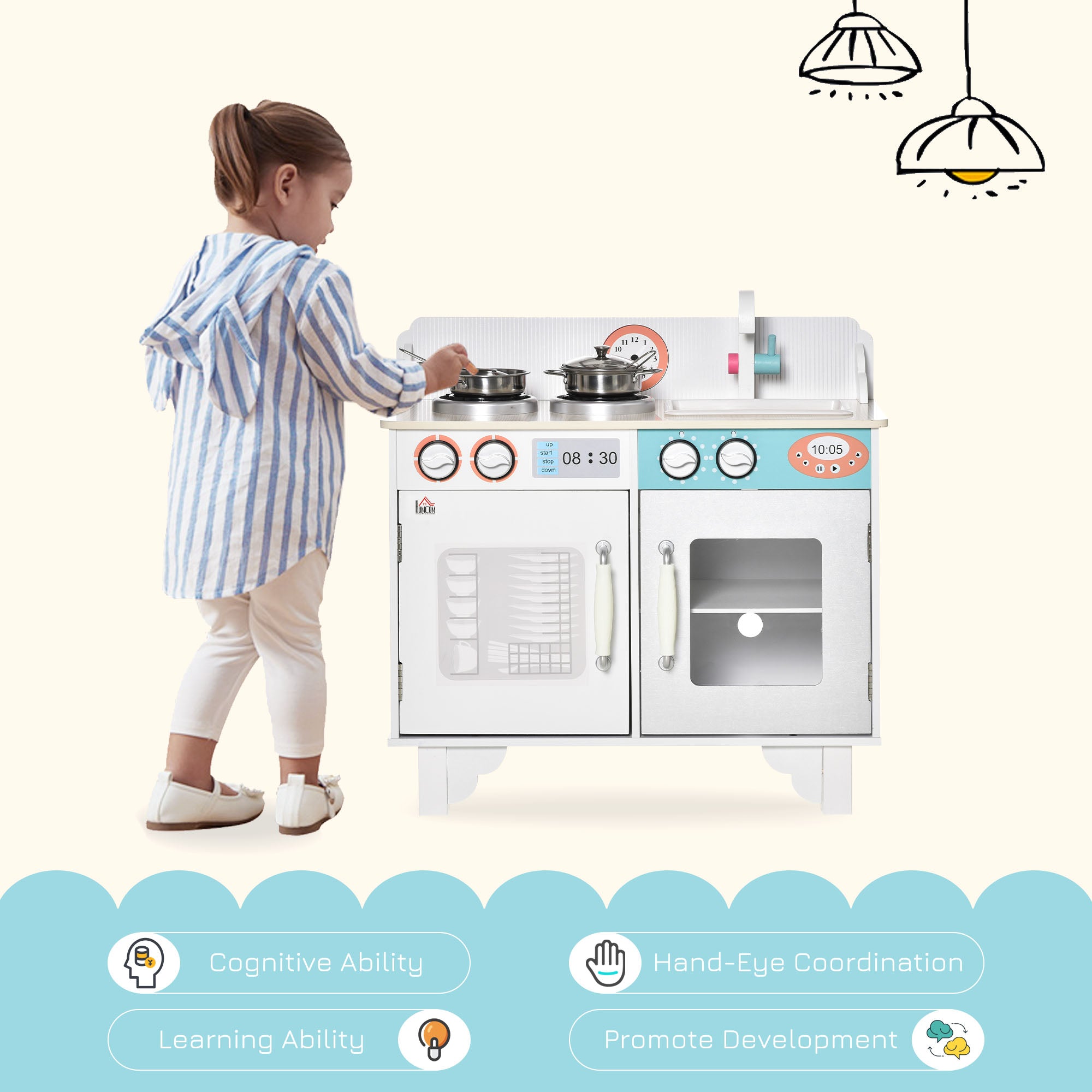 HOMCOM Kids Wooden Play Kitchen Toy Cooking Set Pretend Role Playset, with, Cooking Bench, Stainless Steel Pot for 3-6 Years 