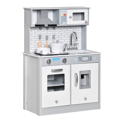 HOMCOM Kids Wooden Toy Kitchen Pretend Play Cooking Playset w/ Sound & Light Effect, Battery Operated Cooktop, Ice Machine, Marble Pattern Countertop, for 3-6 Years Old 