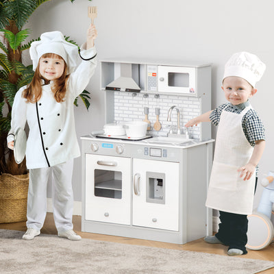 HOMCOM Kids Wooden Toy Kitchen Pretend Play Cooking Playset w/ Sound & Light Effect, Battery Operated Cooktop, Ice Machine, Marble Pattern Countertop, for 3-6 Years Old 