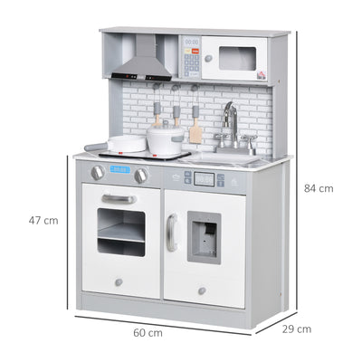 HOMCOM Kids Wooden Toy Kitchen Pretend Play Cooking Playset w/ Sound & Light Effect, Battery Operated Cooktop, Ice Machine, Marble Pattern Countertop, for 3-6 Years Old 
