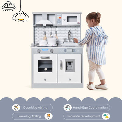 HOMCOM Kids Wooden Toy Kitchen Pretend Play Cooking Playset w/ Sound & Light Effect, Battery Operated Cooktop, Ice Machine, Marble Pattern Countertop, for 3-6 Years Old 