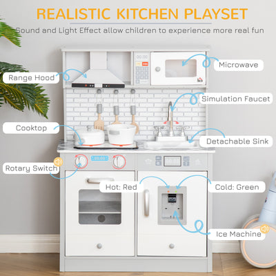 HOMCOM Kids Wooden Toy Kitchen Pretend Play Cooking Playset w/ Sound & Light Effect, Battery Operated Cooktop, Ice Machine, Marble Pattern Countertop, for 3-6 Years Old 