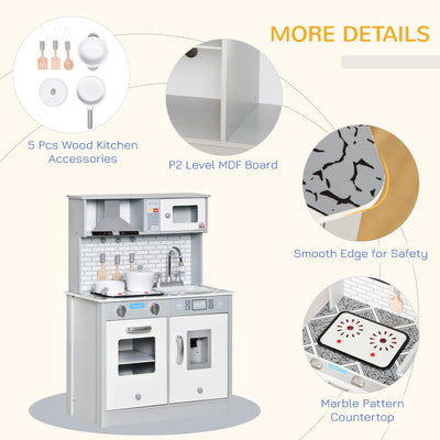 HOMCOM Kids Wooden Toy Kitchen Pretend Play Cooking Playset w/ Sound & Light Effect, Battery Operated Cooktop, Ice Machine, Marble Pattern Countertop, for 3-6 Years Old 