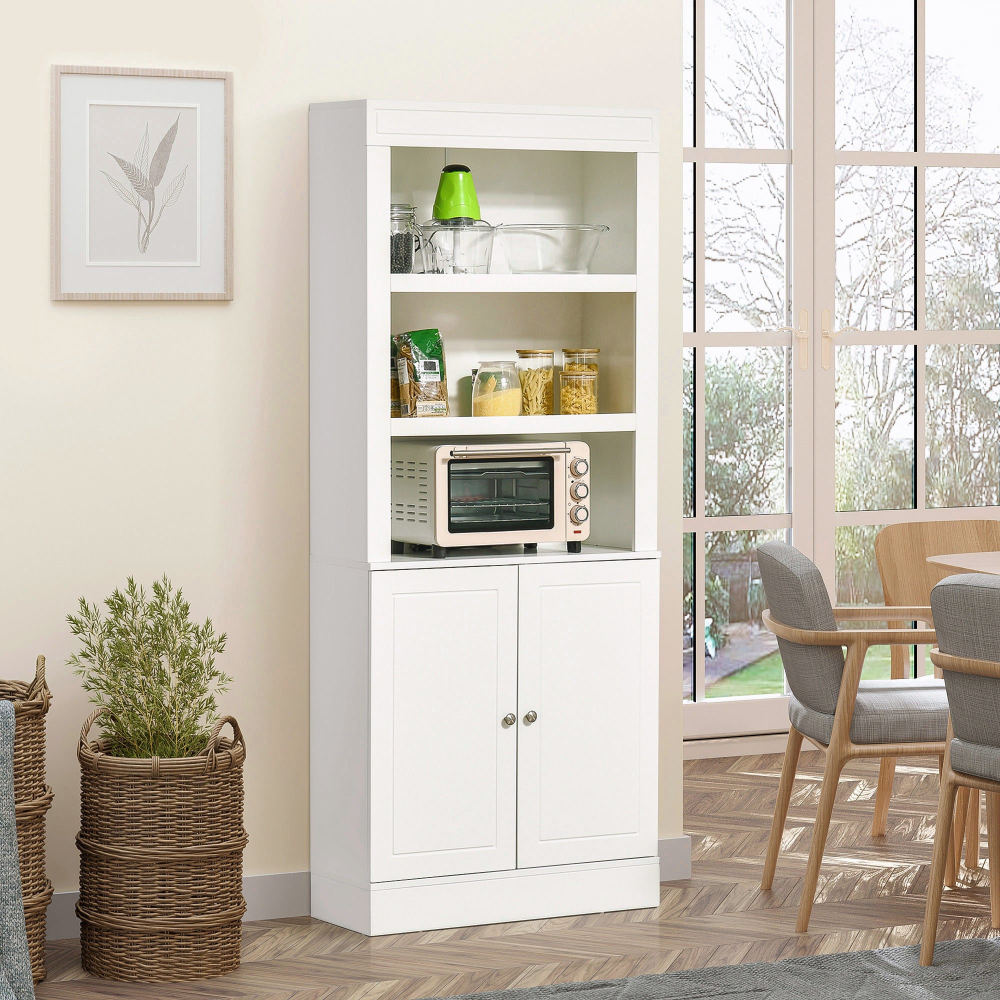 HOMCOM Kitchen Cupboard with 6-tier Shelving, Freestanding Storage Cabinet, Pantry Cupboard with 3 Open Compartments and Double-door Cabinet with Adjustable Shelves, White 