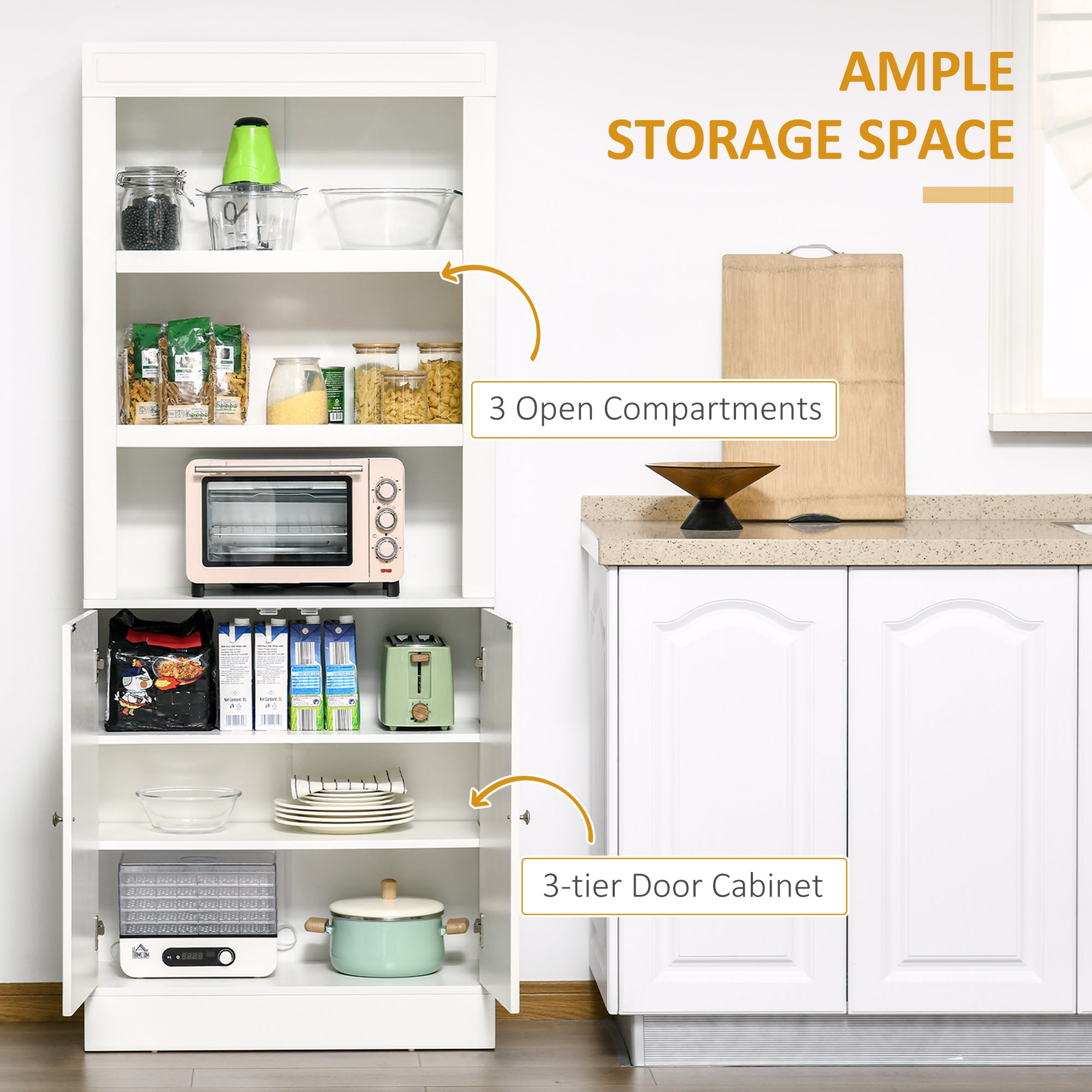 HOMCOM Kitchen Cupboard with 6-tier Shelving, Freestanding Storage Cabinet, Pantry Cupboard with 3 Open Compartments and Double-door Cabinet with Adjustable Shelves, White 