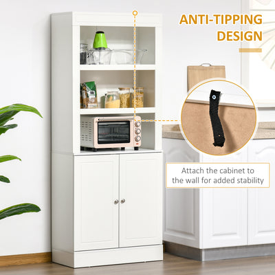 HOMCOM Kitchen Cupboard with 6-tier Shelving, Freestanding Storage Cabinet, Pantry Cupboard with 3 Open Compartments and Double-door Cabinet with Adjustable Shelves, White 
