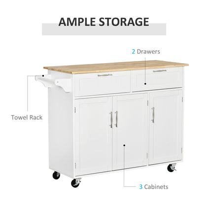 HOMCOM Kitchen Island Utility Cart, with 2 Storage Drawers & Cabinets for Dining Room, White 