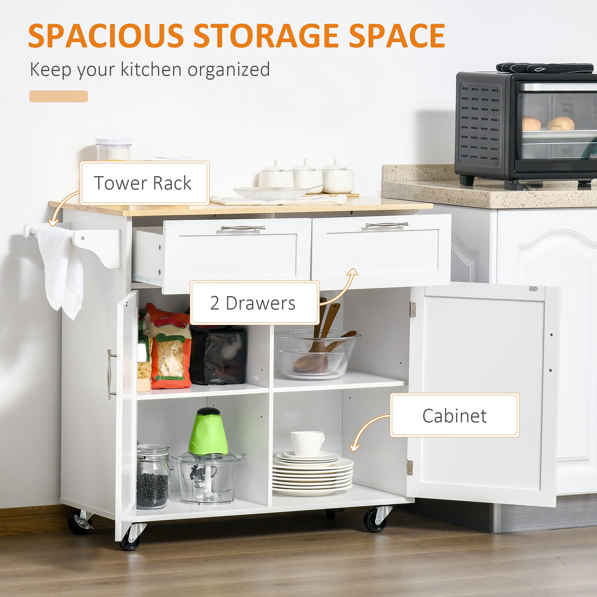 HOMCOM Kitchen Island Utility Cart, with 2 Storage Drawers & Cabinets for Dining Room, White 