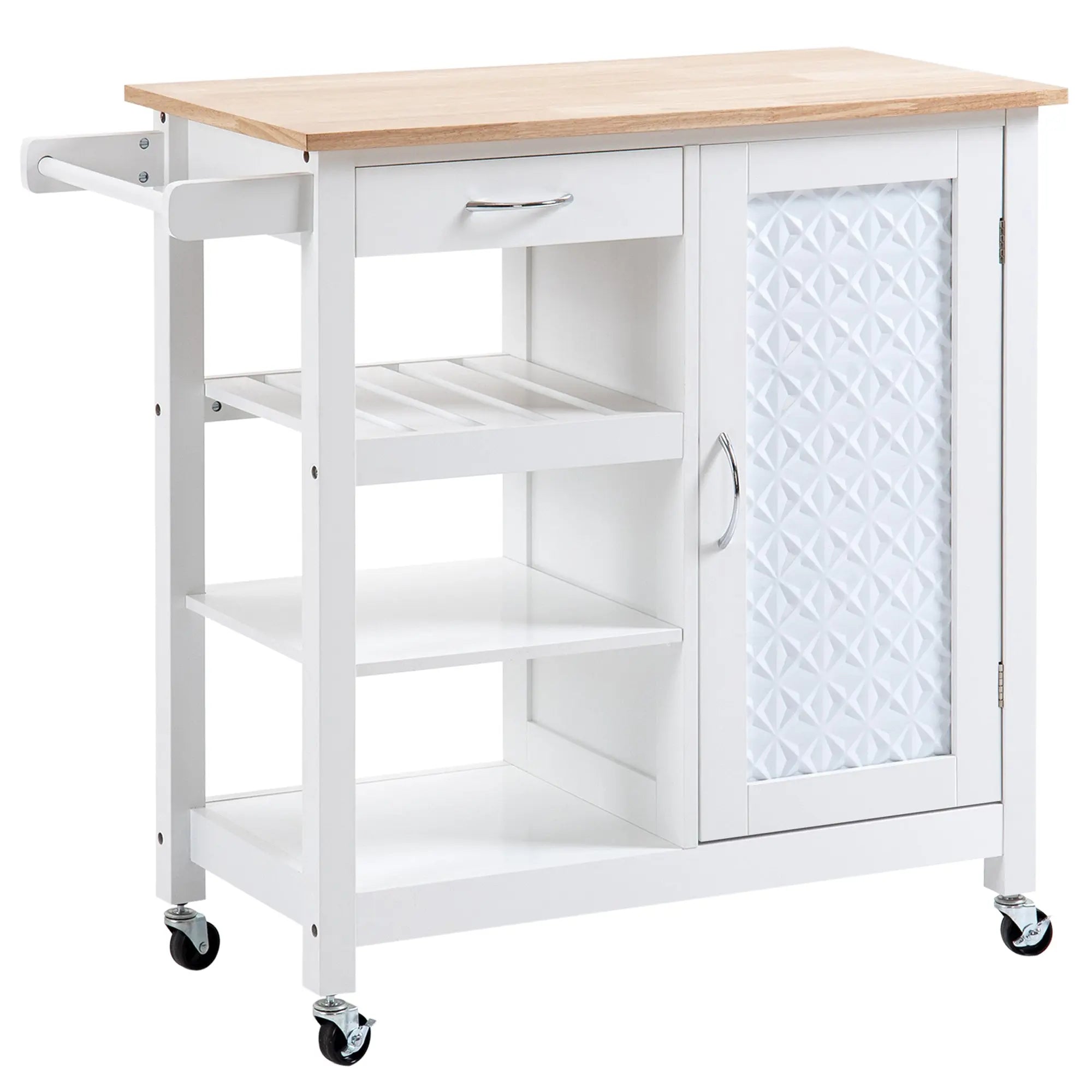 HOMCOM Kitchen Trolley, Kitchen Island on Wheels with Embossed Door Panel, Utility Kitchen Cart with 3 Storage Shelves, White 